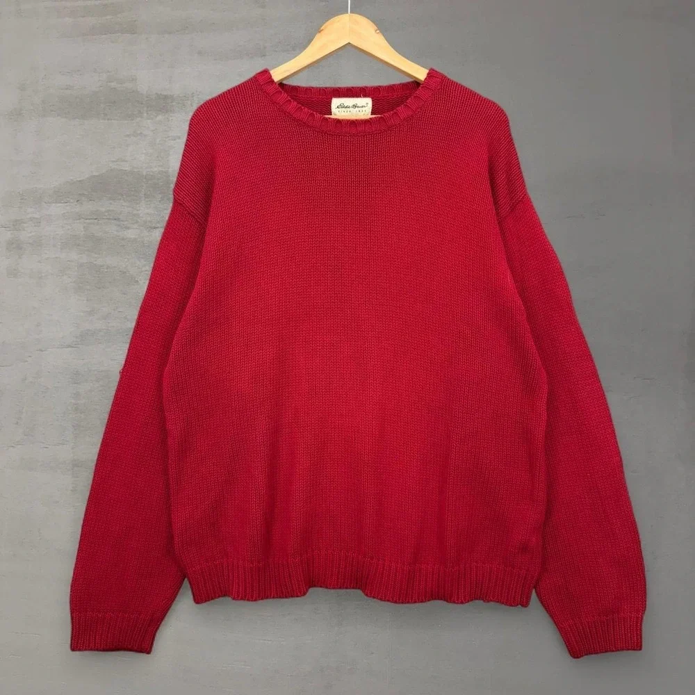 Vintage Eddie Bauer Sweater Red Chunky Cotton Knit Crewneck Pullover Large